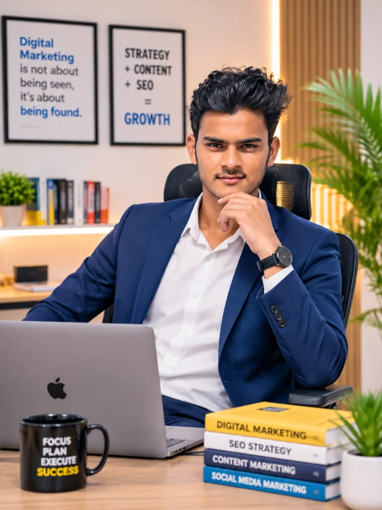 Professional portrait of Pawan, a digital marketer and SEO manager, working on a laptop in a modern office workspace.
